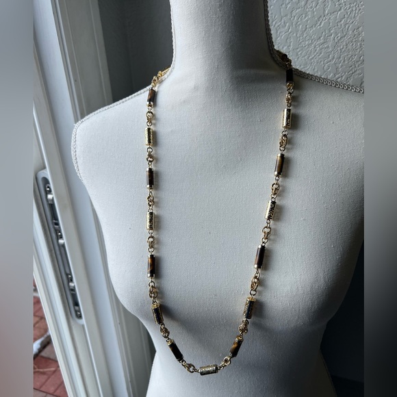 Tiger's Eye Chain, Greek Key Brass Necklace - Picture 7 of 7